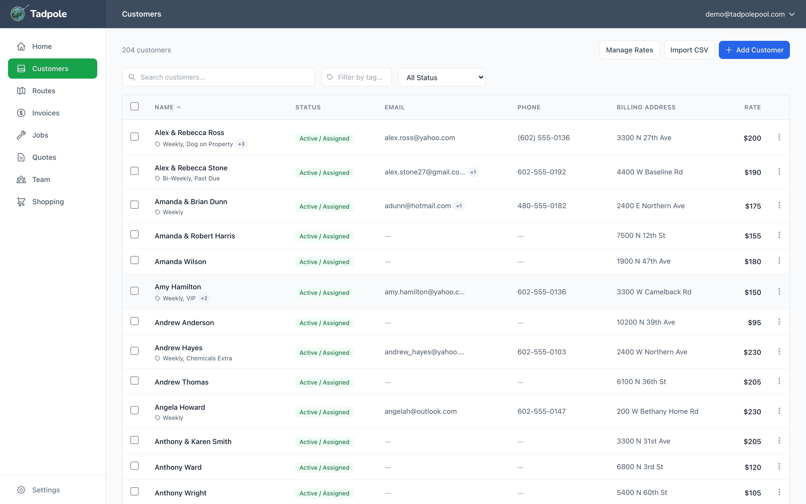 Tadpole customer list with statuses, rates, and contact info