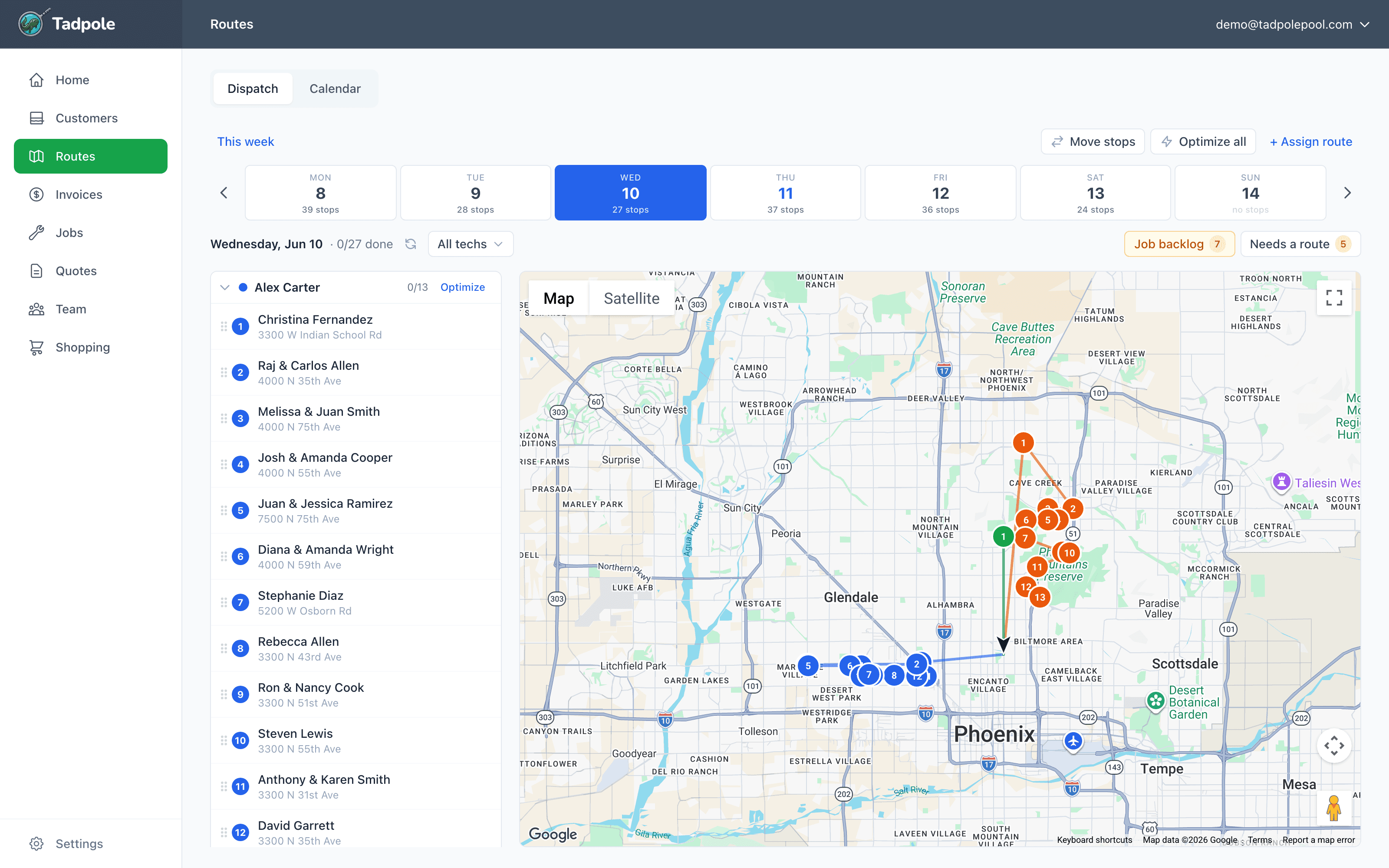 Tadpole dispatch board — per-tech route lists beside a live map with optimized routes