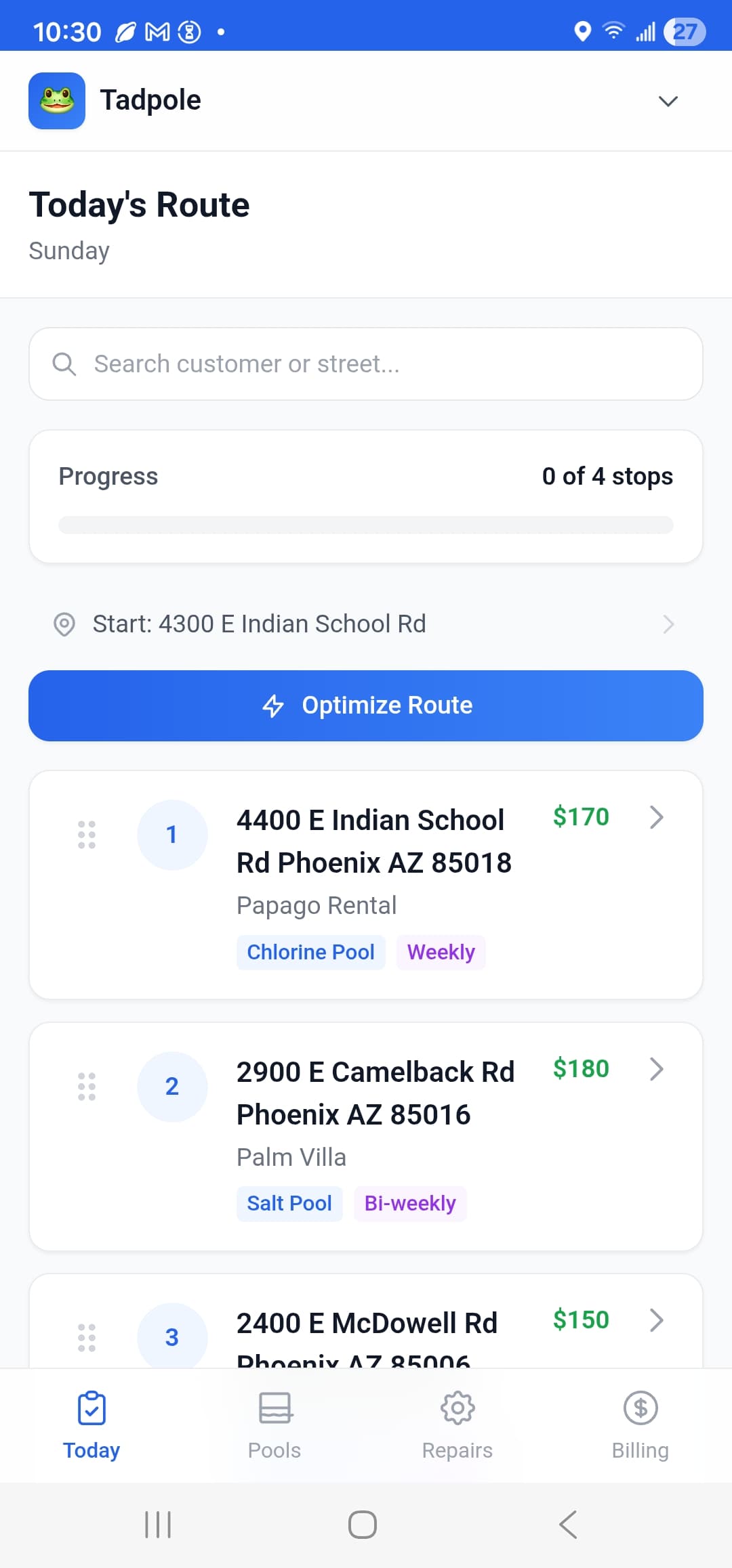 Today's Route screen